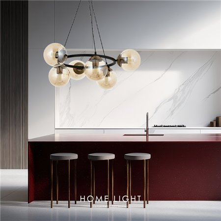 Luster koji kombinuje moderno i rustično. Elegantan sa 6 sijaličnih mesta E27 smeštenih u staklene kugle sa dimljenim staklom.