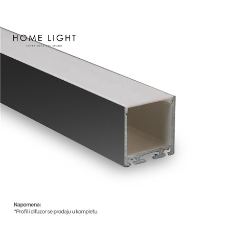 Nadgradni LED profil crne boje u kompletu sa difuzorom.
