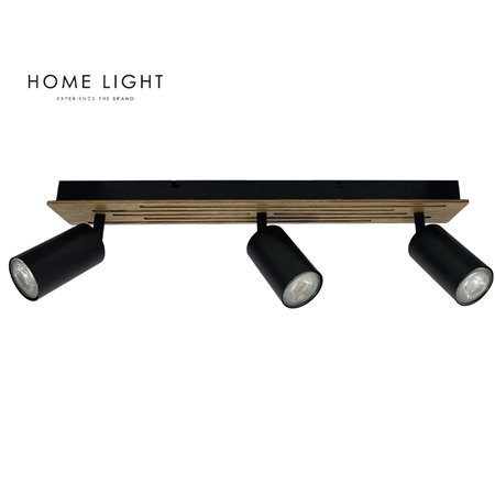 Spot lampa u crnoj boji sa drvenim detaljima i 3 GU10 sijalice