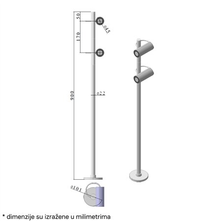 DAWN LED SVETILJKA 0225-2 STUBNA 12W 3000K IP65 SIVA