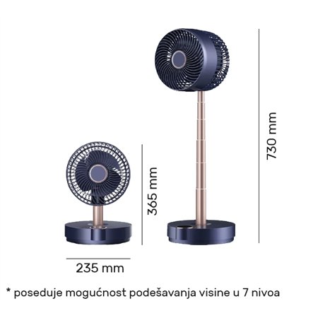 podni ventilator sa ugrađenom baterijom i mogućnošću podešavanja visine u 7 nivoa