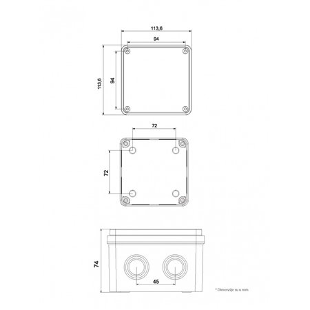 ABS Razvodna kutija dimenzija 110x110x74mm urađena u IP65 zaštiti.