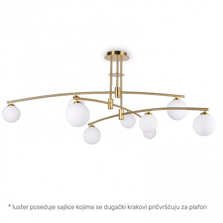 Moderan i atraktivan luster sa 9 sijaličnih grla tipa G9 u boji mesinga/zlata.