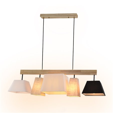 Savremen luster sa kombinacijom drvenih detalja i različitih abažura