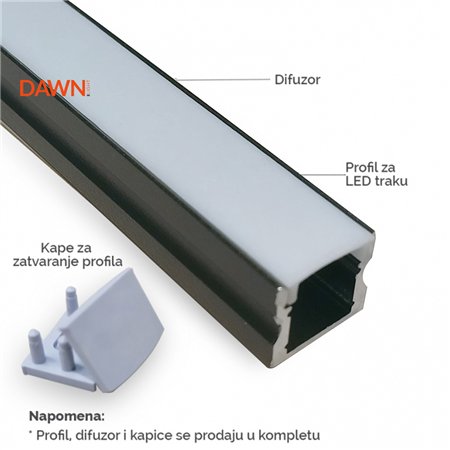 Nadgradni LED aluminijumski profil u crnoj boji.