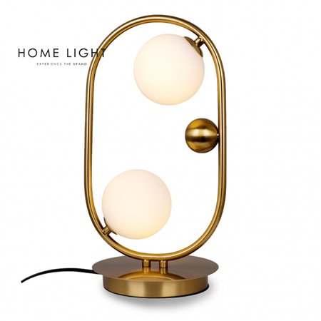 Ekskluzivna stona lampa u boji mesinga sa dve mlečne kugle i sijaličnim grlima tip G9.
