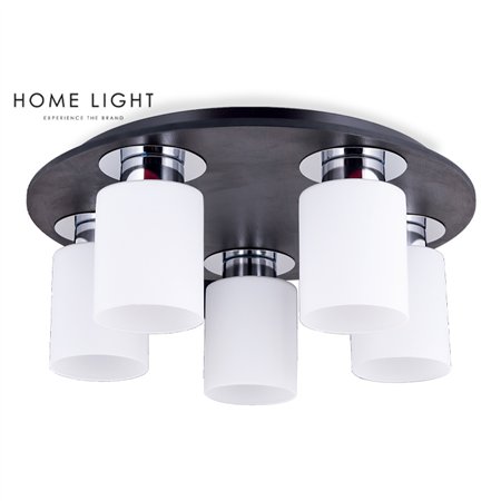 Elegantna plafonjera sa bazom u wenge boji i 5 sijaličnih mesta E27 smeštenih u mlečno bele staklene abažure.